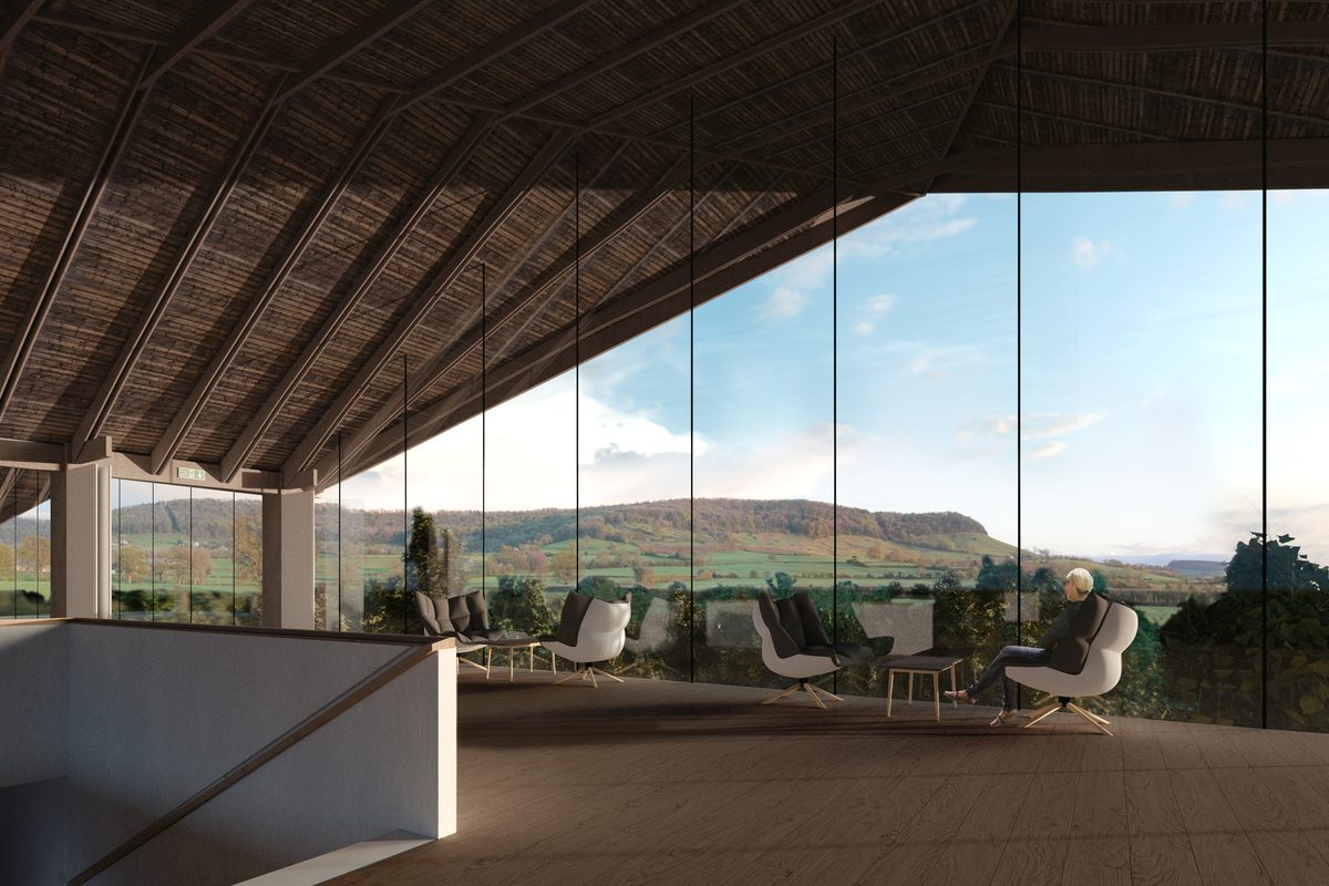 Forest Green Rovers Stadium visual, the tree-top function room with full-height glazing looking towards the escarpment